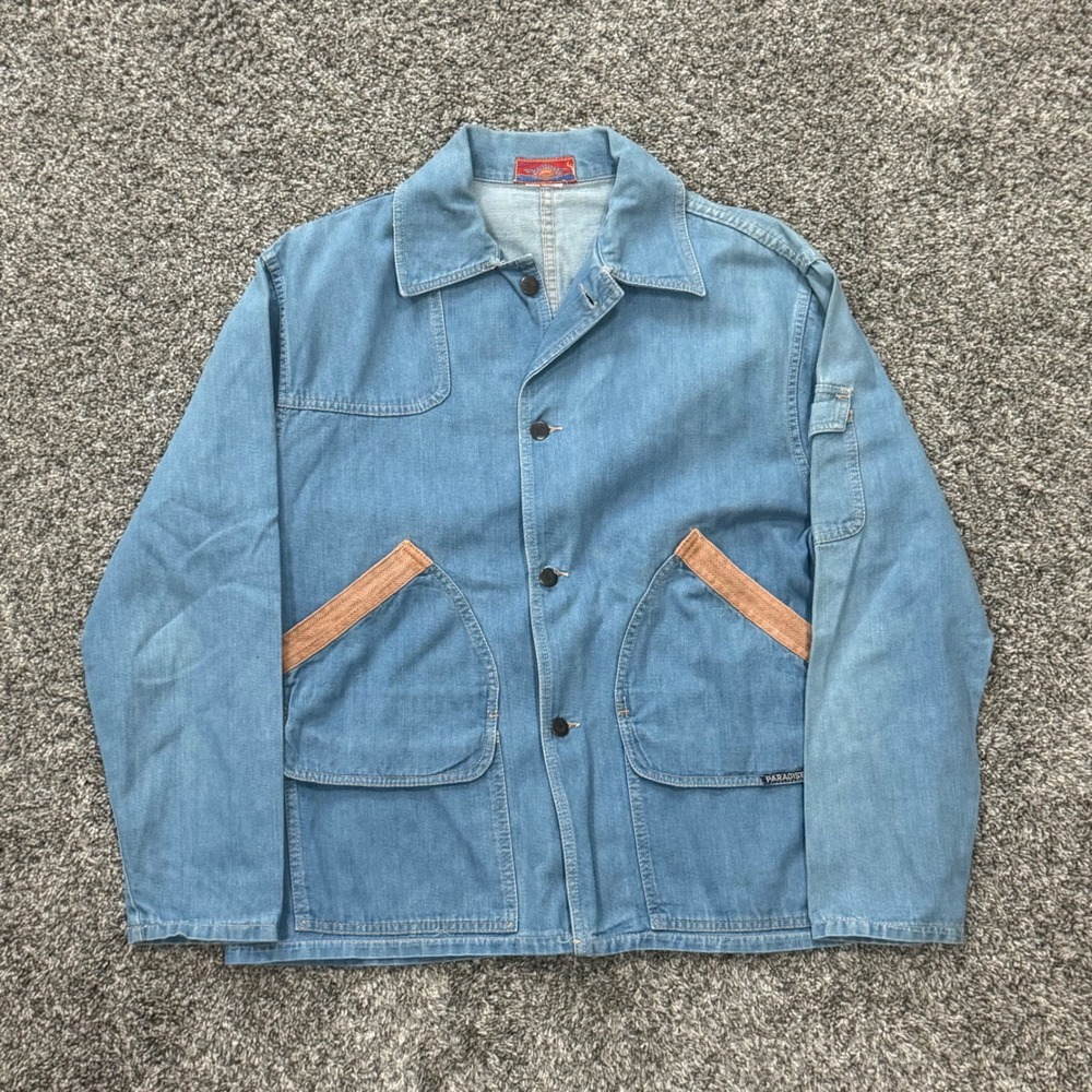 VTG 70s 80s Paradise Light Wash Denim Jacket Herringbone Trim Blue Mens Large